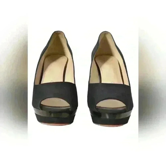 1990s JIL SANDER Navy Linen Wedge Heel Peep  Toe Platform Pump 7US Italy - Picture 2 of 9